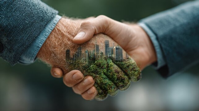 Two hands shaking with a cityscape and nature combined on the palms