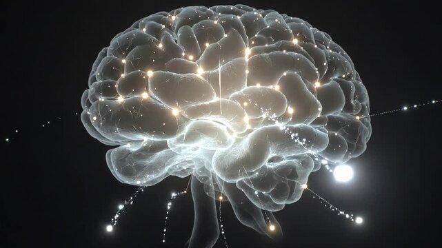 A glowing depiction of the human brain, showcasing active neural pathways. Ideal for illustrating concepts of intelligence, thought, or neurological r