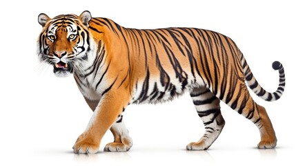 Obraz premium Photorealistic Bengal tiger strolling majestically across a plain white studio background