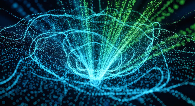 Dynamic abstract visualization of flowing data particles in a vibrant digital light tunnel, representing big data processing and information transfer, a futuristic concept of energy flow