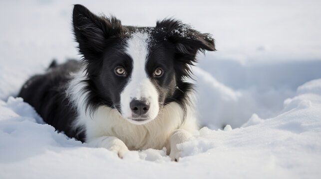 Playful black and white border collie resting in fresh snow amid a tranquil winter landscape