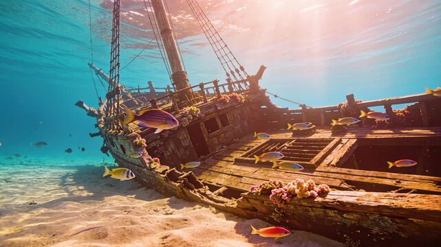 Relaxing scene of wreck resting on sand under soft pink light with calm waves