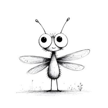 An adorable and fuzzy cartoon dragonfly with big round eyes stands smiling in a whical hand drawn black and white sketch illustration.