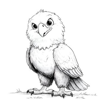 A cute cartoon baby eagle with big eyes stands alert looking forward with detailed feathe and textured line drawing on a white background.