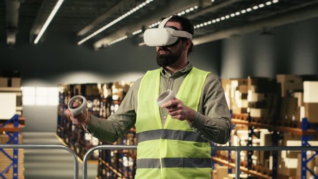 Industrial worker, wearing VR headset, package handling, virtual reality tools, standing on warehouse platform. Storage facility supports logistics operations and parcel tracking efficiency.