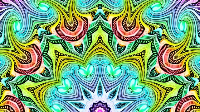 Ornamental glowing background symmetrical transforming, trembling and fluctuating. Half circle pulsation with kaleidoscopic colorful backdrop changes. 4K UHD 4096x2304 ultra high definition