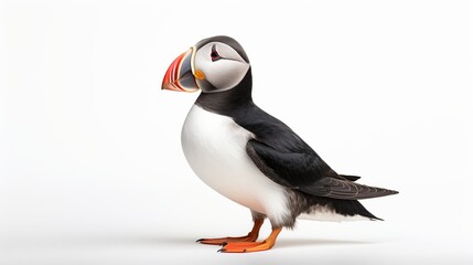 Naklejka premium Portrait of a Puffin Bird Standing Upright on a White Studio Surface