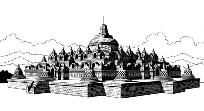 Detailed Line Art Depiction of the Majestic Borobudur Temple in Indonesia.