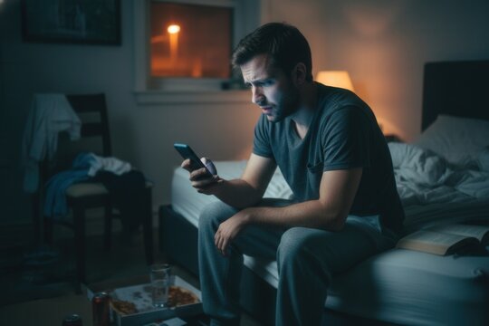 Stressed man sitting on his bed at night looking at his smartphone with a worried expression.