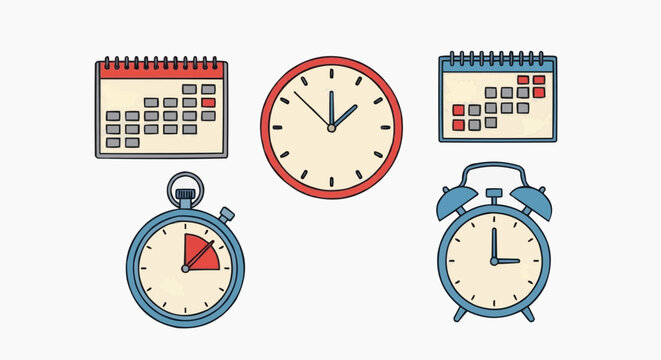 A collection of clocks and calendars for time management and scheduling. The image includes a variety of clocks and calendars.
