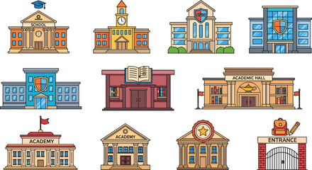 Fototapeta premium School and academy building icons set with education institutions library academic hall entrance and campus architecture vector illustration collection