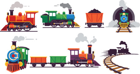  Vintage steam train illustrations set with locomotive coal wagon railway track and tunnel scenes colorful vector collection © MDTAREK