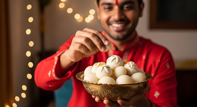 Indian man in traditional clothing offering modak sweets imlek year of the horse chinese new year