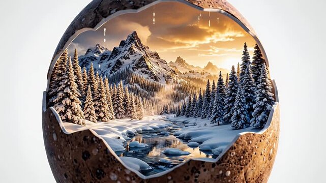 A Surreal Winter Landscape Encased Within a Cracked Eggshell of Warm Sunrise Light
