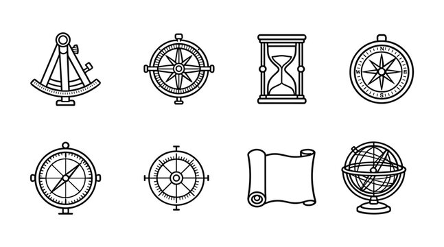Vintage nautical navigation and exploration tools collection featuring compasses sextant hourglass scroll map and armillary sphere for maritime adventure