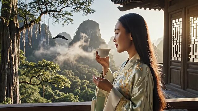A tranquil figure in traditional flowing robe stands on an ornately carved balcony overlooking misty karst mountains at dawn