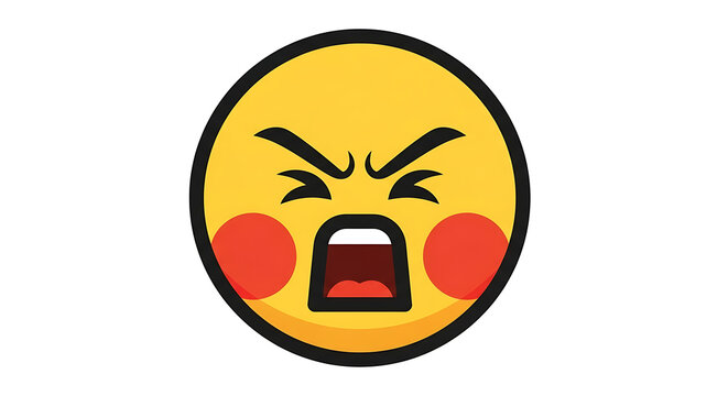 A cartoon angry face with red cheeks and a black outline on a white background is screaming loudly
