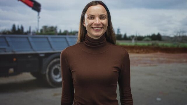 Woman clapping hands beside a flatbed truck on a street with turtleneck visible, smiling; cheerful greeting.