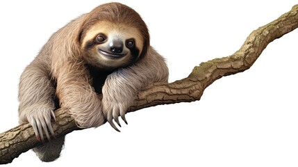 Fototapeta premium Slow-moving rainforest sloth resting on a sturdy tree branch with calm expression