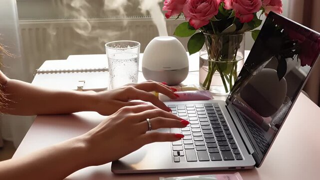 Active typist typing on a silver laptop at a sunlit desk surrounded by flowers and refreshments