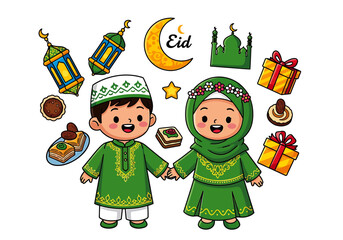 Fototapeta premium Muslim children celebrating Eid with traditional food and gifts