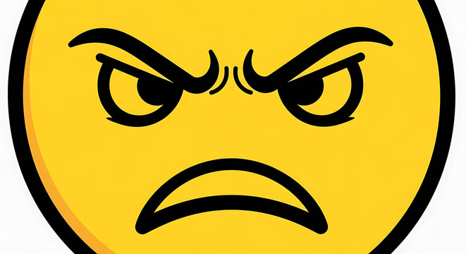 A yellow emoji with angry eyes and a frowning mouth on a white background digital illustration
