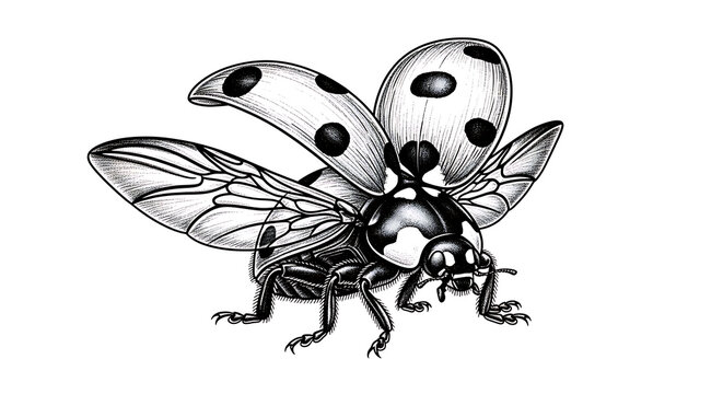 Detailed monochrome illustration of a ladybug in flight on transparent background