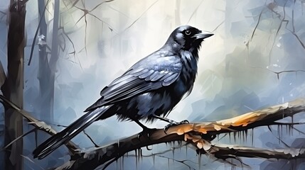Fototapeta premium Solitary Black Crow Perched on a Weathered Branch in a Misty Forest Twilight Scene