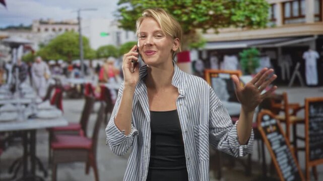 Woman holding smartphone, talking and gesturing palm outward at a street cafe terrace with tables and chalkboard menu; cheerful conversation connection.