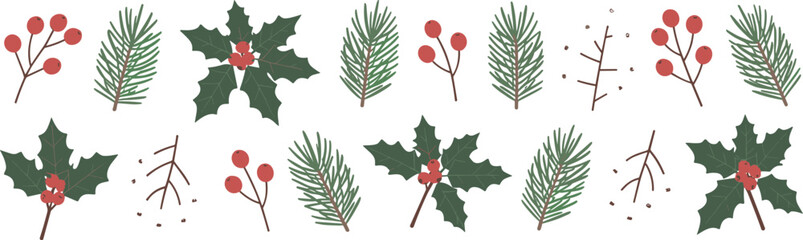 Christmas holly pine sprigs and red berries scattered on white background berry © Kumot Roy