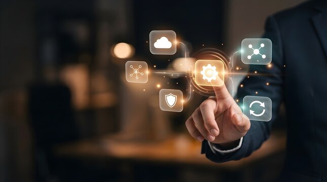 A premium business visualization showing a professional business hand orchestrating floating workflow nodes in mid-air. The scene represents task management, digital collaboration.