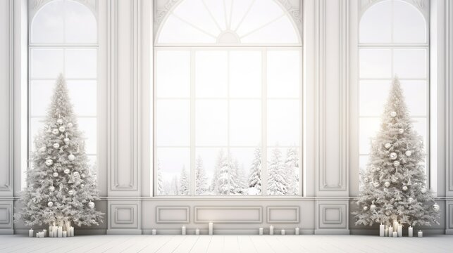 Symmetrical Elegant Holiday Interior with Large Arched Windows and Twin Christmas Trees