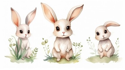 Fototapeta premium Three Adorable Little Bunnies in a Soft Watercolor Meadow Scene with Grass and Flowers