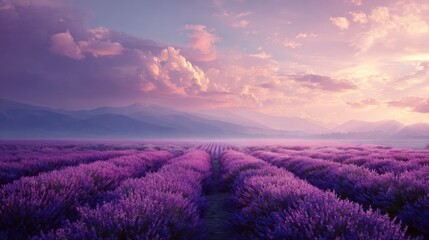 Obraz premium Serene Lavender Field Under Expansive Sky at Dusk with Soft Purple Hues and Stunning Mountain Range in Background