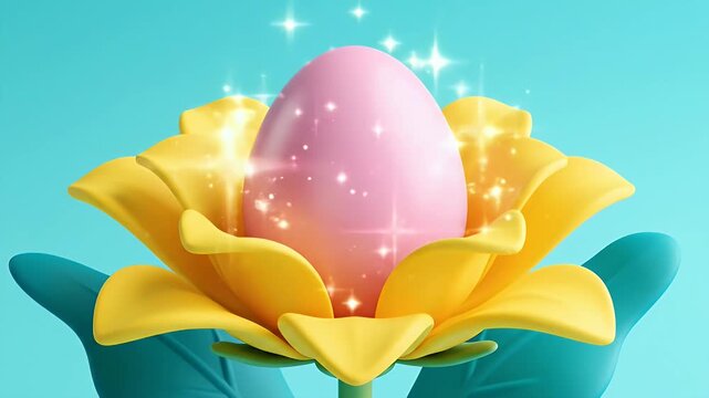 Bright yellow tulip bud with exaggerated teal leaves against a turquoise backdrop