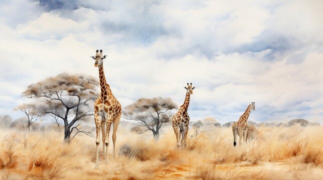 Three tall giraffes strolling across a golden savanna under a partly cloudy sky