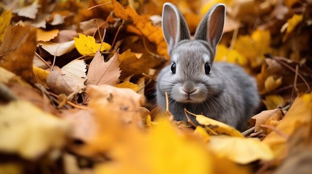 Tiny Gray Rabbit Peeking Playfully Through Golden Autumn Leaves on the Ground