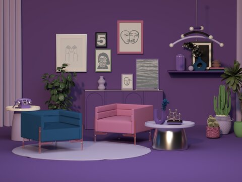 Modern Maximalist Interior Scene with Sofa and Wall Decorations