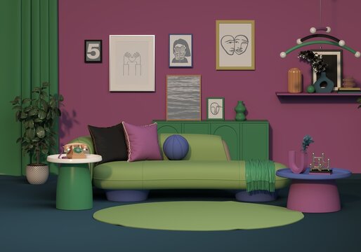Colorful Modern Interior Design with Sofa, Wall Art and Decorative Objects