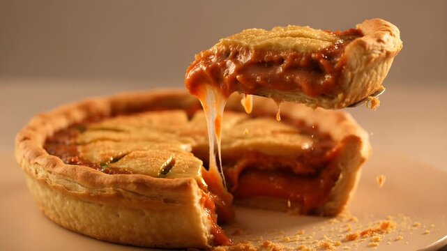Delicious golden savory pie slice with creamy filling being served, close-up