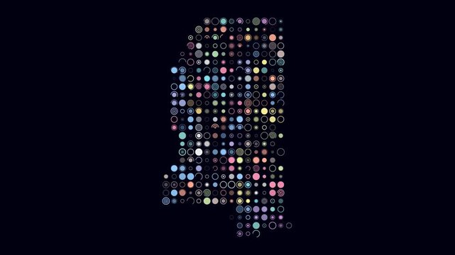 Mississippi animated shape. Pulsating colored dots on the map of the state. Large size circle blocks. Digital style Mississippi map on dark background. Amazing animation video.