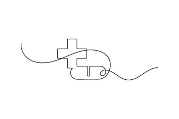 Obraz premium Medical cross with capsule line art representing drug treatment and health safety