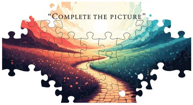 Vibrant Puzzle Pieces Completing a Landscape Scene