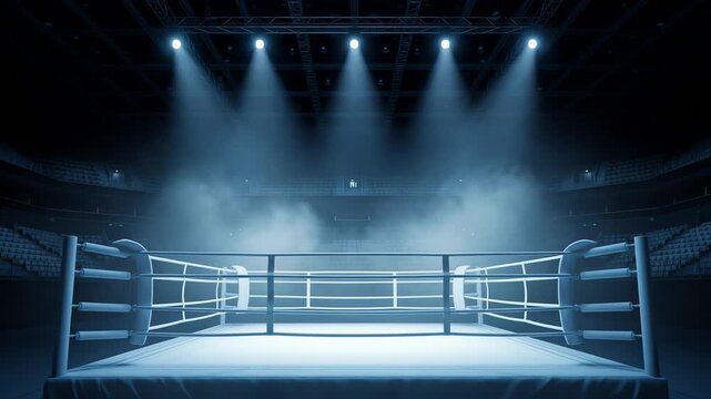 Dramatic empty boxing ring with spotlights in a dark stadium arena