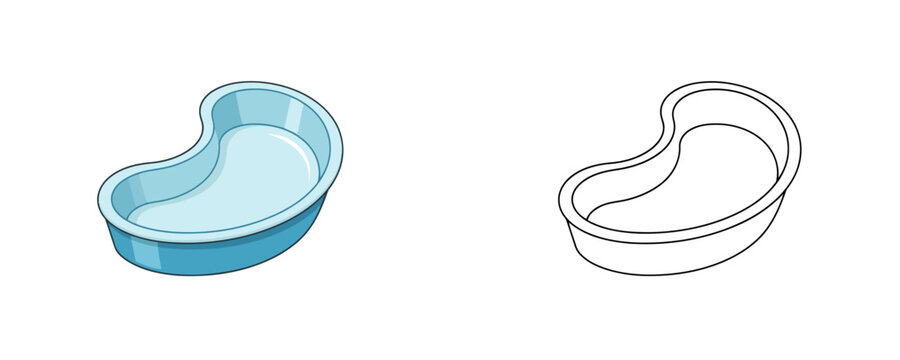 Medical kidney dish illustrations in flat blue color and black linear outline styles representing surgical basin and clinic equipment isolated on white background