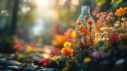 Enchanting Bottle Filled with Vibrant Flowers in Golden Hour Light.
