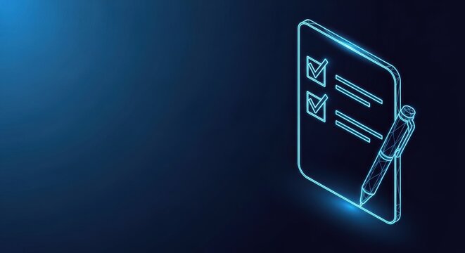 Neon blue checklist with completed tasks and checkboxes glowing on a dark digital background
