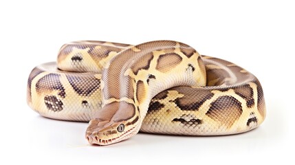 Fototapeta premium Two pale yellow and brown patterned snakes resting closely together on a white background
