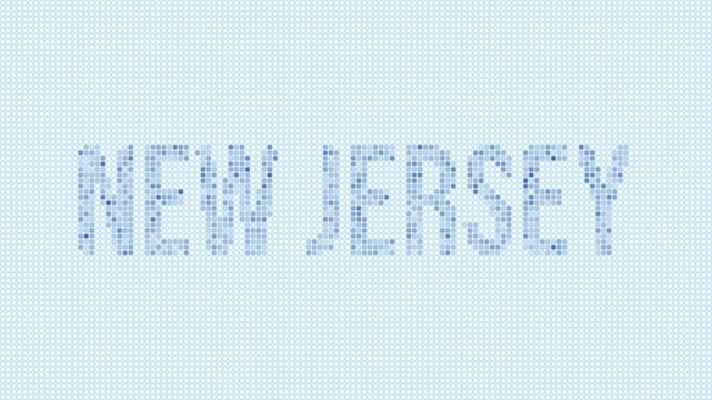 New Jersey, United States dotted map animation. Digital style shape of the state. New Jersey, United States shape and title dots appear with bulb flickering effect. Intro, outro, logo, title video.