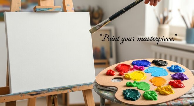 Artist's palette and blank canvas ready for painting